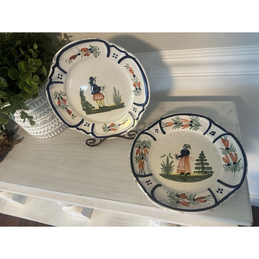Set‎ of 2 Vintage Henriot Quimper Breton 8" Plates Man Lady Woman Pair